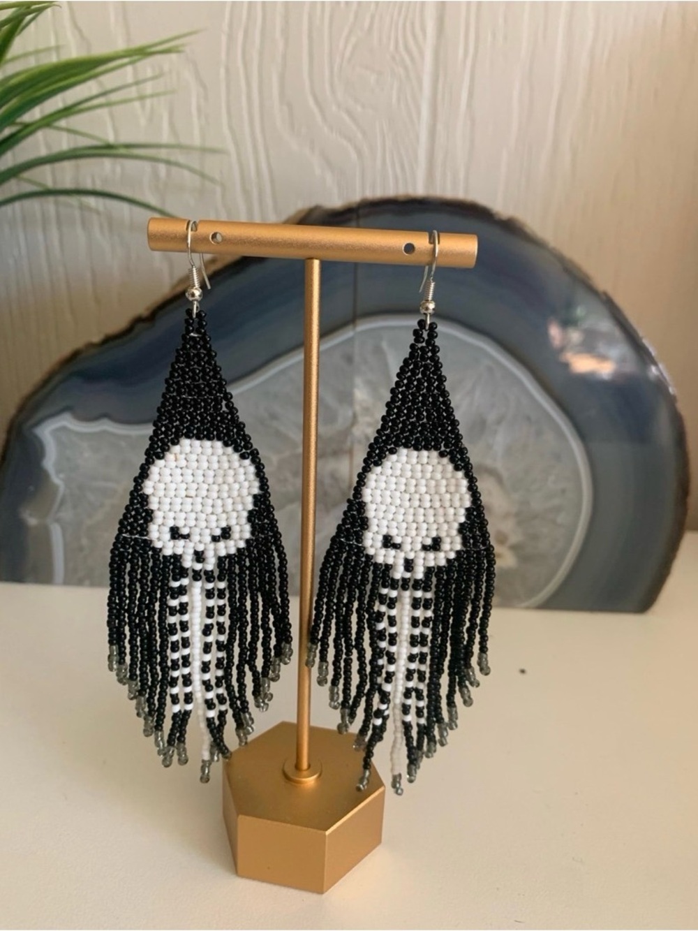 Handmade Black & White Beaded Skull Fringe Earrings